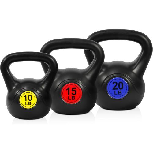 Fitvids Wide Grip 3-Piece or 4-Piece Kettlebell Exercise Fitness Weight Set, Include 5 lbs, 10 lbs, 15 lbs and 20 lbs, Set of 3 or Set of 4