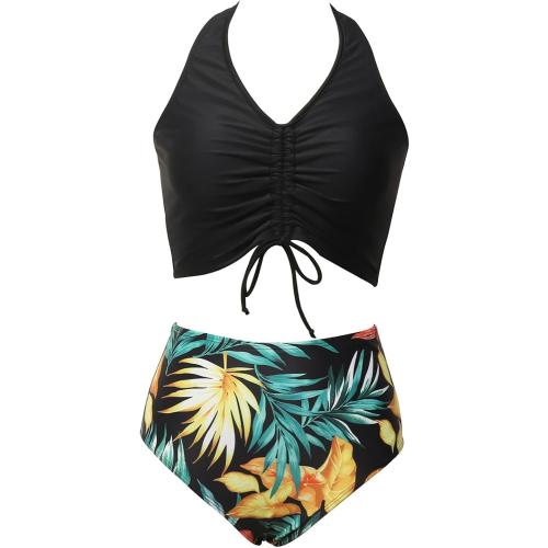 Size M...Bikini Parent Child Ladies Sexy Suit Print Daughter Bikini Leaf Swimsuit Mother Split Swimsuit Matching Family Pajamas Blacka
