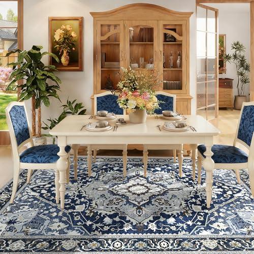 5x7 Blue Boho Area Rug Washable Non-Slip - Low Pile Farmhouse Living Room Bedroom Rug - Machine Washable Medium Indoor Carpet with TPE Backing, Vintage Easy Clean, Navy Blue Multi