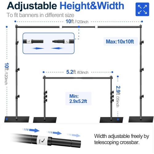 EMART Backdrop Stand, 10x10ft Width Adjustable Photography Background Support Poles with Heavy Duty Flat Base, Photo Metal Steel Pipe and Drape Frame Kit for Parties Birthday Wedding - Black