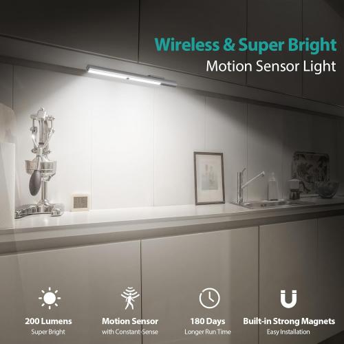 BLS LED Closet Light, T401 Super Bright Wireless Under Cabinet Lighting | Motion Sensor Light | Large 4500mAh Rechargeable Battery Powered | 6000K White Glow | 180 Days Battery Time