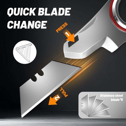Folding Utility Knife Pocket Knife, Heavy-Duty Box Cutter with Aluminum Body, Quick Change Blades, Anti Slip Finger Loop, Box Cutter for Home, Office, Warehouse, Durable Razor Knife, Box Knife - Red