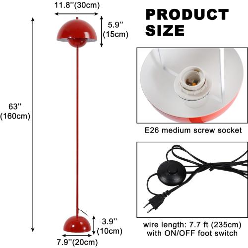 COSYLUX Modern Floor Lamp for Living Room, Industrial Tall Standing Lamp for Bedroom, Metal Shade Reflecting Light Reading Floor Lamp for Office, Nursery Room, Corner(Dark Red)