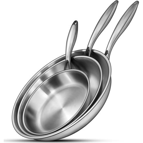 EWFEN Tri-Ply Stainless Steel Frying Pans Set, 8”/10”/12” Cooking pans, PFOA&PTFE Free Skillet, Induction Cooking Pan, Dishwasher and Oven Safe, Fast & Even Heat, Heavy Duty and Detachable Handle
