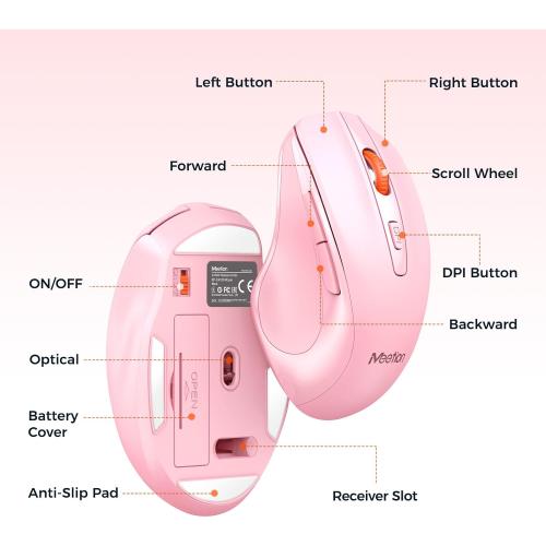 MEETION Wireless Keyboard and Mouse, Full-Sized Cordless Keyboard with Wrist Rest, 3 DPI Adjustable Mouse, Keyboard and Mouse Set with 2.4GHz USB Receiver, for PC/Computer/Laptop/Windows/Mac, Pink