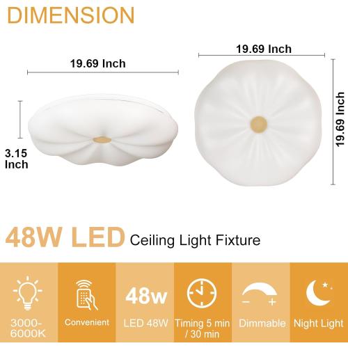 DLLT 48W Dimmable LED Flush Mount Ceiling Light, 20 Inch Close to Ceiling Light Fixtures with Remote, Modern Flower Cream Ceiling Lamp for Living Room Dining Room, 3000K-6000K Color Changeable, Timing
