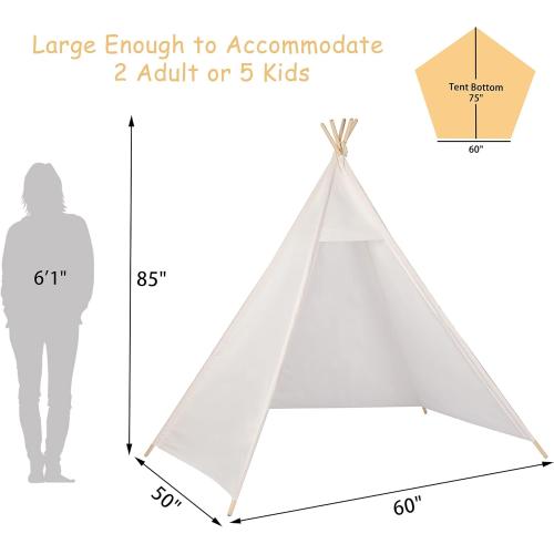 White 7' Large Teepee Tent for Adults, Play Tent with Carry Bag, 5 Sides Canvas Kids Teepee Tent Indoor & Outdoor Tents for Party, Wedding, Photo Prop, White