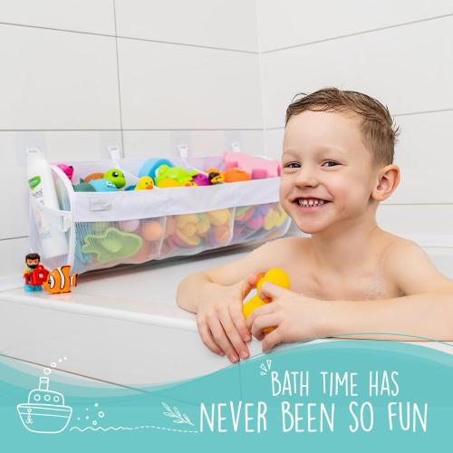 Comfylife Large Bath Toy Organizer – 3 Compartment Bath Toy Holder for Bathtub & Shower – Quick-Dry Mesh with 4 Strong Adhesive Hooks – Kids Toys Storage Net for Bathroom, shower & Tub