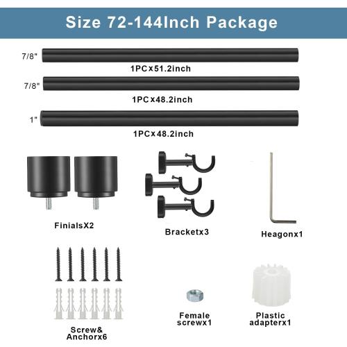 1 1/8 Inch Diameter Curtain Rods, 72-144” Telescoping Large Single Window Drapery Rod Heavy Duty With Adjustable Modern Brackets, Matte Black