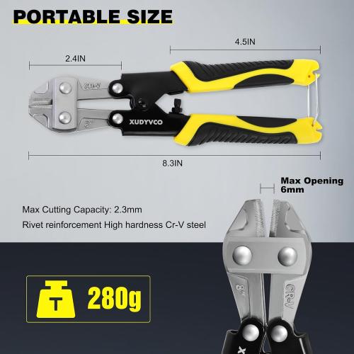 XUDYVCO 8IN Heavy Duty Mini Bolt Cutters with Labor-Saving Spring | Wire Cable Cutters with Non-Slip Handle, Powerful Cutting Capacity Wire Snips Pliers Clippers for Chain Mesh Screw Rivets