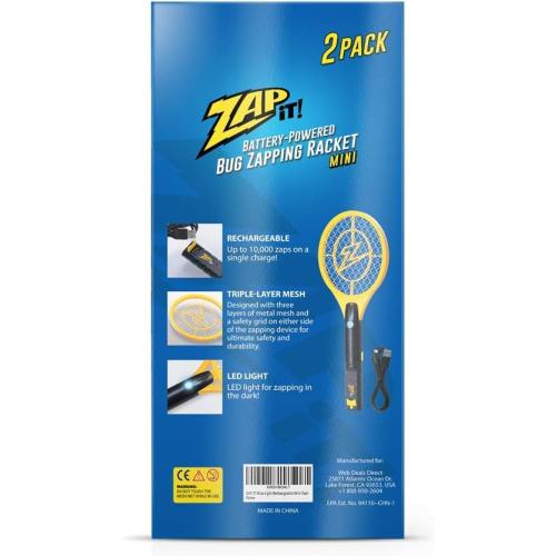 ZAP iT! Electric Fly Swatter Racket & Mosquito Zapper with Blue Light Attractant - High Duty 4,000 Volt Electric Bug Zapper Racket - Fly Killer USB Rechargeable Fly Zapper Indoor Safe - 2 Pack, Yellow