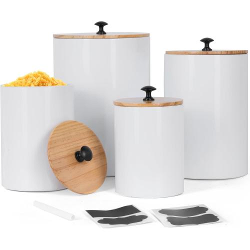 DD DEFINED DECO Kitchen Canisters for Countertop Set of 4,Textured Iron Kitchen Canisters with Airtight Lid &Labels,Marker Pen,White Iron Canister Set for Storage Containers for Coffee, Tea and Sugar