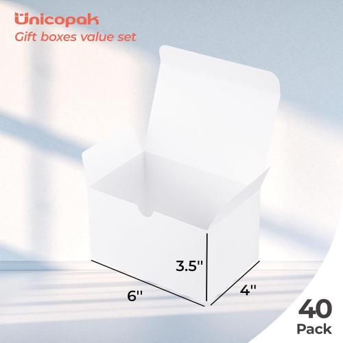 UnicoPak 40 Pack 6x4x3.5 Gift Boxes Bulk, White Small Gift Boxes with Lids for Presents for Candle Mug Perfume Craft Ornaments Cookies Treats Favors