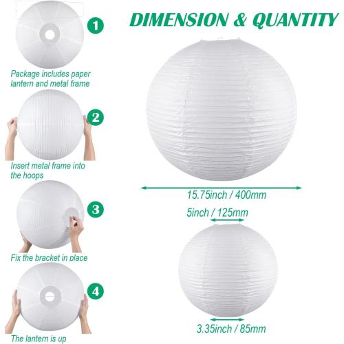 White Round Paper Lanterns, 15.75 Large Hanging Paper Lantern Lamp, Chinese/Japanese Paper Lantern Pendant Light for Party Decoration, Wedding, Home Decor Ceiling Lampshade(2 Pack)