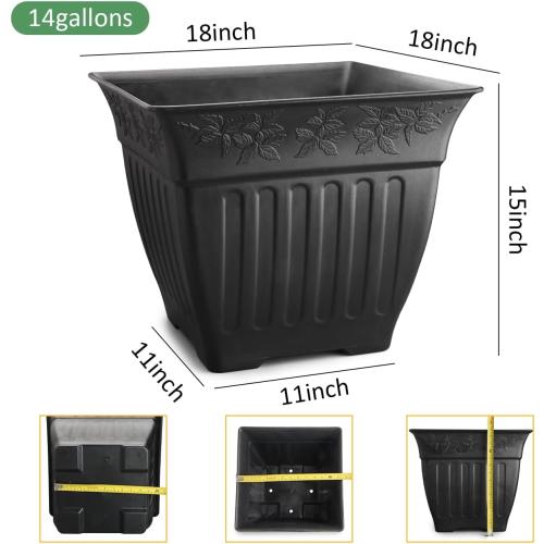 BTPLASTIK 18 inch Large Square Planter for Plants - 4 Pack Decorative Black Plastic Flower Pots with Drainage Holes & Raised Base, 14 Gallon Vintage Garden Pot for Outdoor, Patio, Porch (15 Tall)