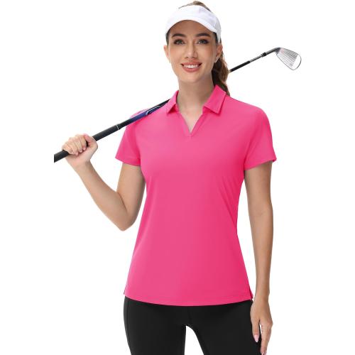 Zhenwei, Pink, Medium, Women's V-Neck Polo Shirts UPF 50  Short Sleeve Sun Protection Quick Dry Golf Polos Collared Shirt