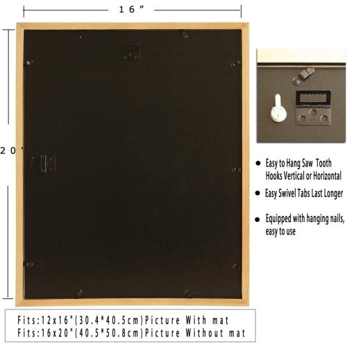 16x20inch Picture Frame 2 Pack White Solid Wood Display Pictures 12x16 with Mat or 16x20 Wall Without Mounting Photo Frames（2pcs）