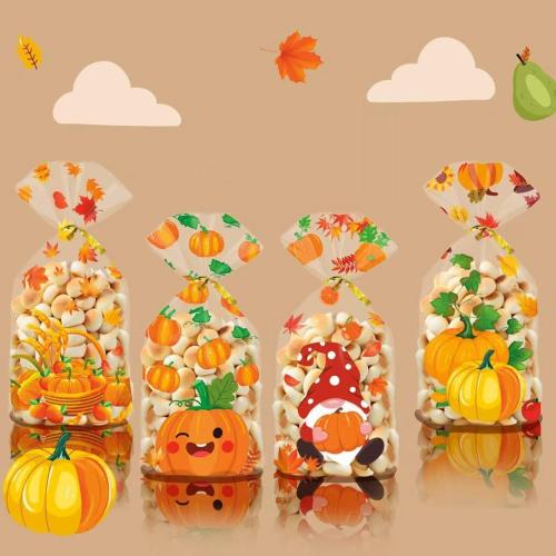 50Pcs Fall Thanksgiving Treat Bags, Happy Thanksgiving Candy Bags, Plastic Thanksgiving Goodie Bag, Fall Treat Goodie Cellophane Gift Bags with Twist Ties for Fall Party Decorations Supplies Favors
