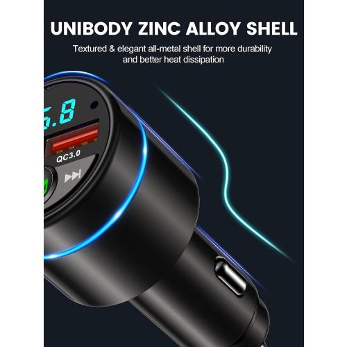 FM Transmitter for Car Bluetooth 5.3, [All-Metal] PD 30W & QC3.0 18W Fast Car Charger, Wireless FM Radio Car Kit Bluetooth Car Adapter, Noise Cancelling Hands-Free Call, Blue Light - Black