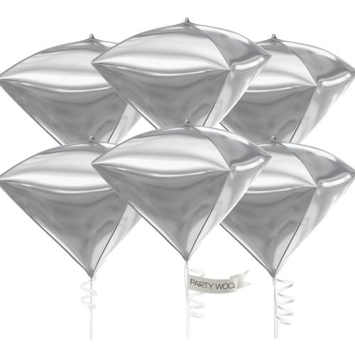 PartyWoo Silver Balloons, 6 pcs Diamond Silver Foil Balloons, 22 inch Giant 4D Foil Balloons and Ribbon, Balloons for Birthday Decorations, Wedding Decorations, Party Decorations (Balloon)