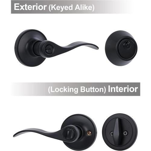 Lanwandeng Keyed Alike Front Door Lever Lockset with Single Cylinder Deadbolt Combination Set, All Keyed Same Exterior Door Handle with Lock and Deadbolt, Matte Finished