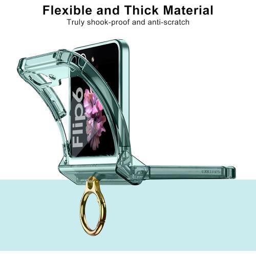 for Samsung Galaxy Z Flip 6 Clear Case Luxury Hinge Protection with Ring Holder & Screen Protector Soft All-Inclusive Shockproof Cover (Green)