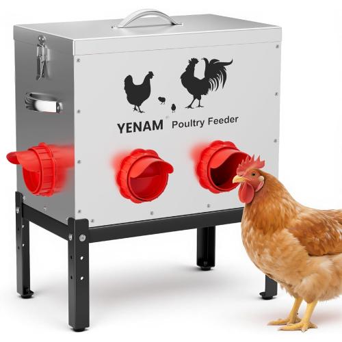 40 lb Automatic Chicken Feeder No Waste, 6 Feeding Port Large Metal Chicken Feeders, Poultry Feeder with Adjustable Height Base & Locking Lid, Rat Proof Chick Feeder for Chickens, Ducks & Geese