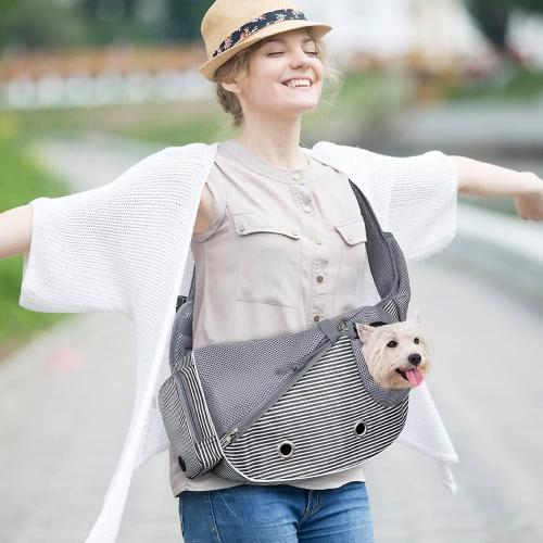 PetAmi Dog Sling Carrier for Small Dogs, Puppy Carrier Sling Purse, Dog Bags For Traveling, Carrying Bag to Wear Medium Cat, Adjustable Crossbody Pet Travel Poop Bag Dispenser, Max 5 lbs, Stripe Black