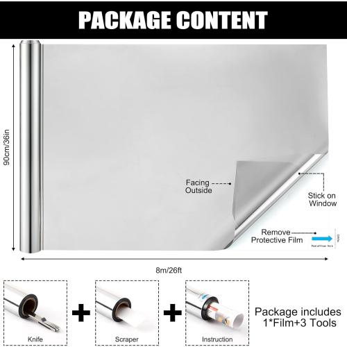 Pushglossy 36 Inch X 26 Ft One Way Window Tint Privacy Reflective Daytime Mirror Film Sun Blocking Thermal Insulated Film Heat Control Static Cling Anti UV for Home Office (Silver)
