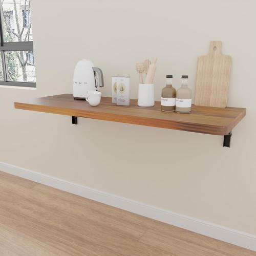 IAE Wall Mounted Folding Table with Pine Wood,Floating Wall Desk,Laundry Folding Table with Shelf Brackets,Fold Down Desk Shelf,Folding Workbench for Home,Dining,Laundry Room,Kitchen,36 x 14,Teak