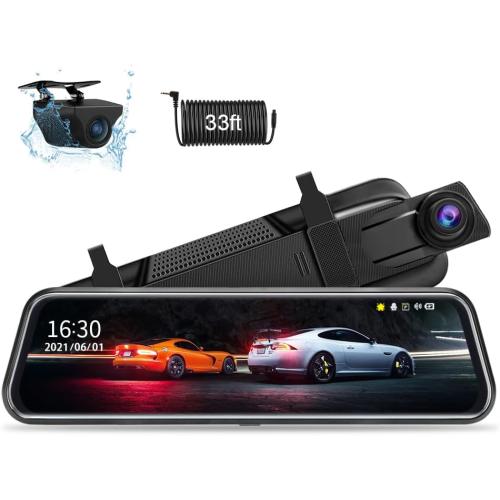 Upgraded 10'' Rear View Mirror Camera Mirror Dash Cam Front and Rear 1080P Backup Camera Full Touch Screen w Loop Recording, G-Sensor Night Vision 170° Wide Angle