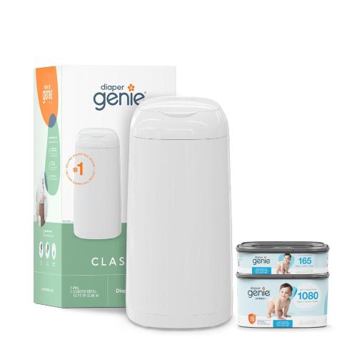 Diaper Genie Classic Diaper Pail Gift Set | Push-N-Lock Odor Control | Includes Starter Refill and Jumbo  Refill | Holds up to 1,245 Newborn Diapers | Baby Registry Must-Have