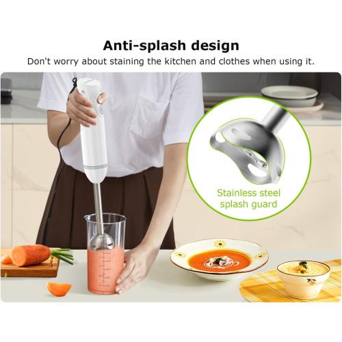 Bonsenkitchen Hand Blender, Immersion Blender with 2 Mixing Speed, Electric Portable Handheld Stick Mixer with Stainless Steel Blades for Soup, Smoothie, Puree, Baby Food, White