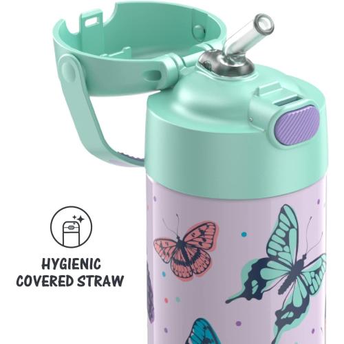 THERMOS FUNTAINER Water Bottle with Straw - 12 Ounce - Kids Stainless Steel Vacuum Insulated Water Bottle with Lid, Butterfly Frenzy