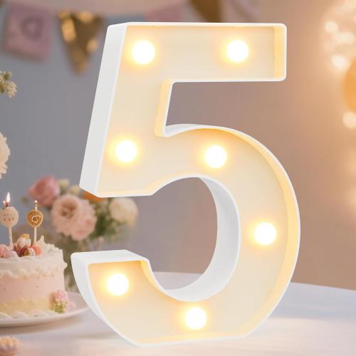 Decorative Led Light Up Number Letters, White Plastic Marquee Number Lights Sign Party Wedding Decor Battery Operated Number (5)