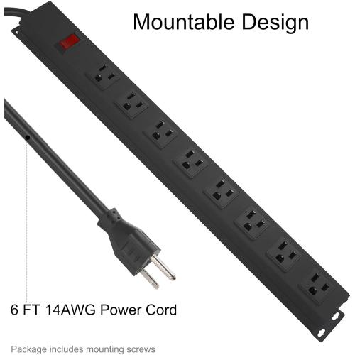 HHSOET Metal 8 Outlet Mountable Power Strip, Wall Mount Outlet Heavy Duty, Wide Spaced Commercial Shop Power Strip with Switch, 15A 125V 1875W, 6 FT SJT 14AWG Power Cord.(Black)