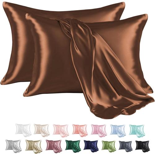 MR&HM Satin Pillowcase for Hair and Skin, Silk Satin Pillowcase 2 Pack, Standard Size Pillow Cases Set of 2, Silky Pillow Cover with Envelope Closure (20x26, Brown)
