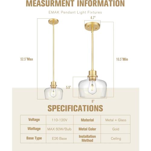 Emak 8 Inch Clear Glass Pendant Lights Kitchen Island, Modern Gold Pendant Light Fixtures for Kitchen, Bathroom, Bedroom, Dining Room, PL122-GD-CG