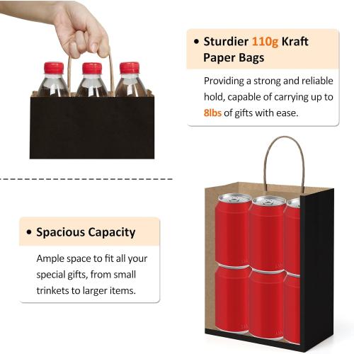 Recyclable Kraft Paper Gift Bag,  Inches, Black, with Handles, Bulk, FSC Compliant, Multipurpose | Kraft Paper, Recycled, Sturdy Handles, For Gift Giving, Crafts, Party Favors, Halloween, Christmas, Business Packaging