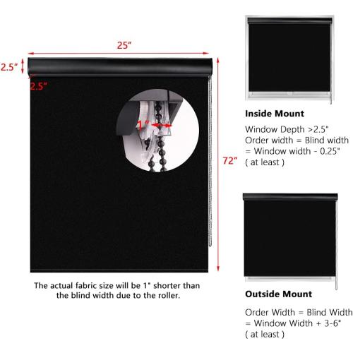 LUCKUP Blackout Roller Shades Window Blinds with Valance Cover Waterproof UV Protection Privacy Thermal Insulated Fabric for Bedroom Bathroom Patio Door and Office Easy Install (25 W x 72 H-Black)