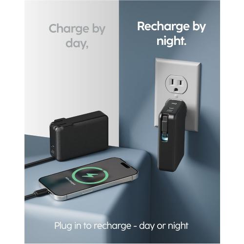 myCharge RetractaCharger 10000mAh Portable Charger Power Bank with 28-Inch Retractable USB-C Cable | Premium Fabric | Built-in Wall Plug | 30W PD Fast Charging | USB-C/A Ports | Digital Display