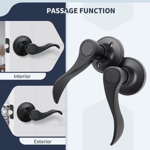 Wave Style Door Lever Passage Door Handle, Keyless Interior Lever Reversible for Left/Right Handed for Hallway and Closet with Matte Black Finish, 1 Pack