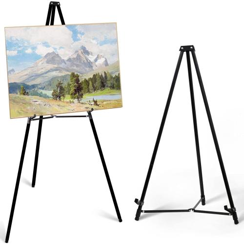 PUJIANG 63 Aluminum Easel Stand for Sign, Large Collapsible Easels for Display Posters/Whiteboard, Adjustable Height Artist Easel for Painting- Floor/Tabletop, Holds 25 lbs,1pcs