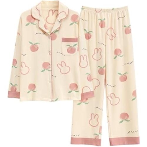 Kawaii Pajamas for Women Medium Autumn Ladies Cardigan Cotton Pajama Korean Lapel Sleepwear Long Sleeve Loungewear