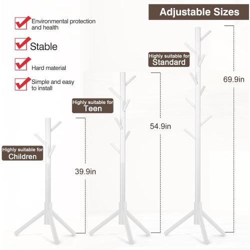 Coat Rack, Freestanding Coat Rack with 8 Hooks and 3 Adjustable Size Tree Coat Racks for Bedroom, Hallway, Entrance, Office, for Hats, Coats, Scarves, Handbags