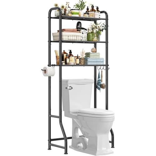 Simple Trending Over The Toilet Storage Rack, Metal 3 Tier Bathroom Organizer Shelf with Paper Holder and 3 Hooks, Freestanding Shelf Space Saver Above Toilet,Black‼️shelf covers not included may be missing hardware, small scratches‼️