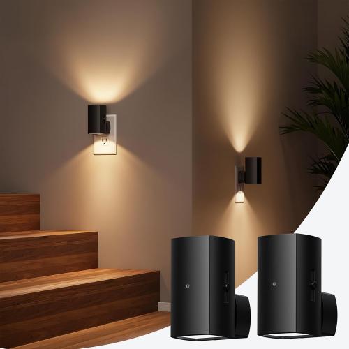Brightown 2 Pack Black Night Lights with Rotating Plug, Soft White | Modern Night Light with Rotating Plug, Dusk to Dawn Sensor, 0-100LM Stepless Dimming Night Light for Hallway Bedroom Bathroom