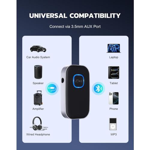 COMSOON Bluetooth Receiver for Car, Noise Cancelling 3.5mm AUX Bluetooth Car Adapter, Wireless Audio Receiver for Home Stereo/Wired Headphones, Hands-Free Call, 16H Battery Life - Black Silver