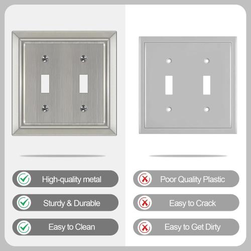 Metal Wall Plate for Electrical Outlets, Decorative Brushed Nickel Switch Plates Outlet Cover, Light Switch Cover Plate, 2-Gang Wall Plates (Double Toggle, 2 Pack)