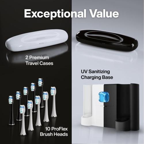 Aquasonic Duo Series PRO UV - ADA Accepted Electric Toothbrushes with UV Sanitizer - Inductive Charging Base - 5 Modes with Smart Timers - 10 Proflex Brush Heads & 2 Travel Cases